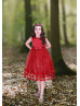 Beaded Red Satin Glitter Tulle 3D Flowers Sparkly Flower Girl Dress